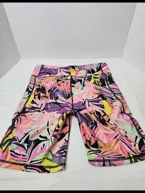 bebe Neon Tropical Print Bike Shorts in Black, Pink, Yellow